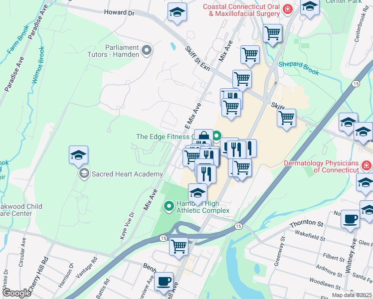 map of restaurants, bars, coffee shops, grocery stores, and more near 42 Highview Terrace in Hamden