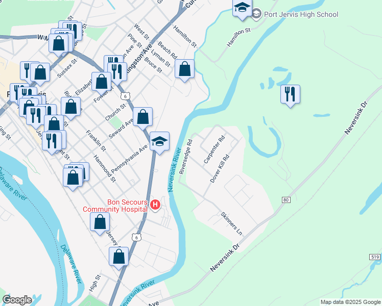 map of restaurants, bars, coffee shops, grocery stores, and more near 16 Mary Ann Avenue in Port Jervis