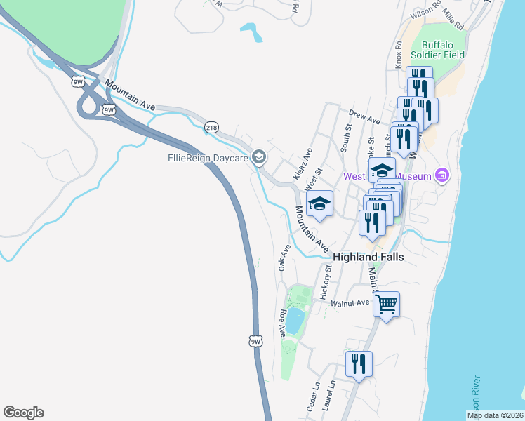 map of restaurants, bars, coffee shops, grocery stores, and more near 29 Mearns Avenue in Highland Falls