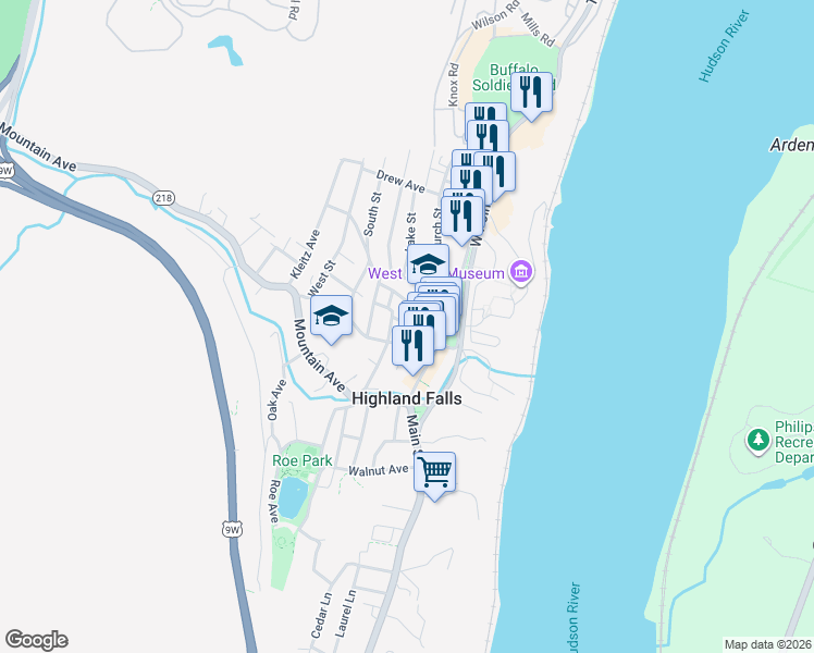 map of restaurants, bars, coffee shops, grocery stores, and more near 35 Tobins Lane in Highland Falls