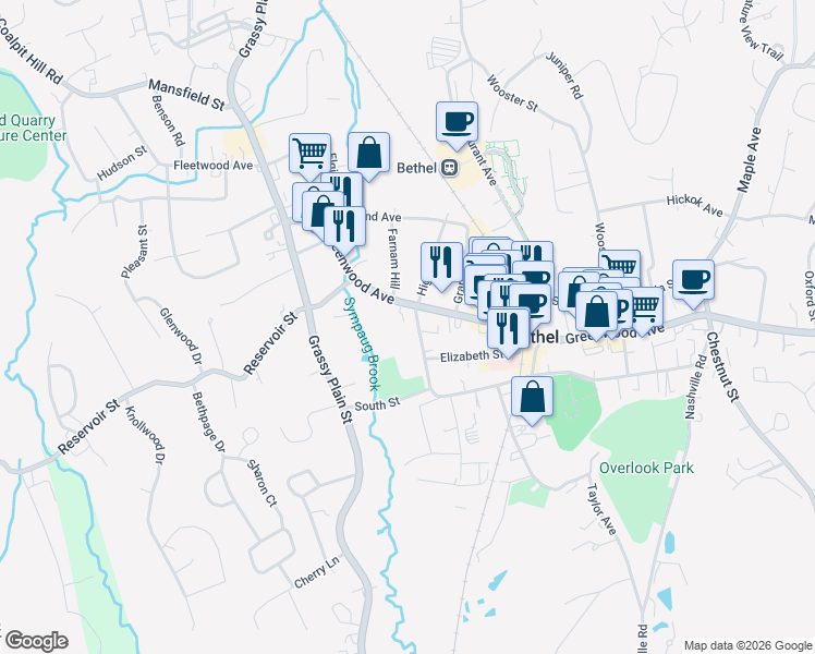 map of restaurants, bars, coffee shops, grocery stores, and more near 3 Blackman Avenue in Bethel