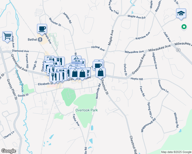 map of restaurants, bars, coffee shops, grocery stores, and more near 84 Greenwood Avenue in Bethel