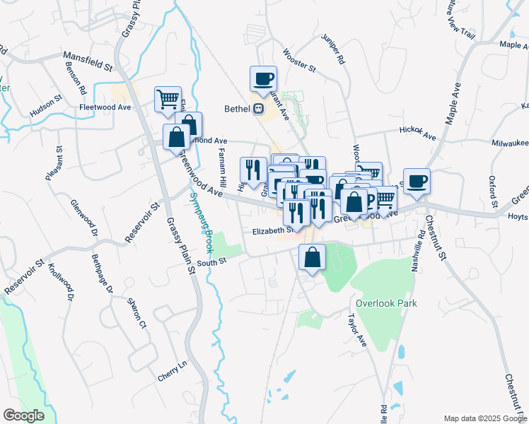 map of restaurants, bars, coffee shops, grocery stores, and more near 222 Greenwood Avenue in Bethel