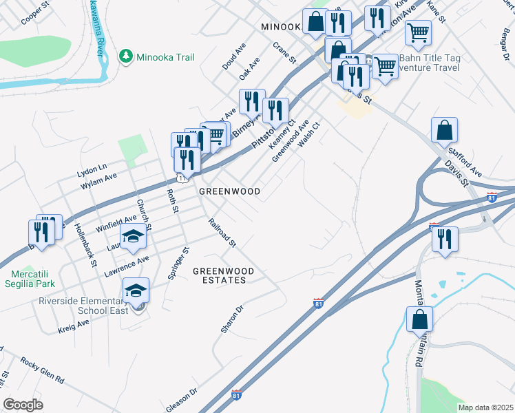 map of restaurants, bars, coffee shops, grocery stores, and more near 3335 Greenwood Avenue in Moosic