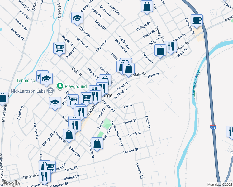 map of restaurants, bars, coffee shops, grocery stores, and more near 136 North Main Street in Old Forge