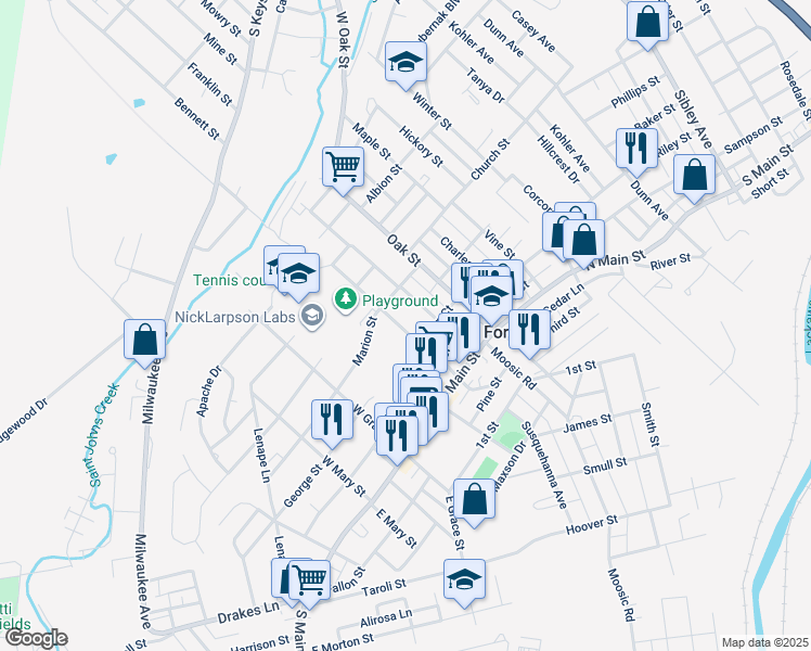 map of restaurants, bars, coffee shops, grocery stores, and more near 154 Sussex Street in Old Forge