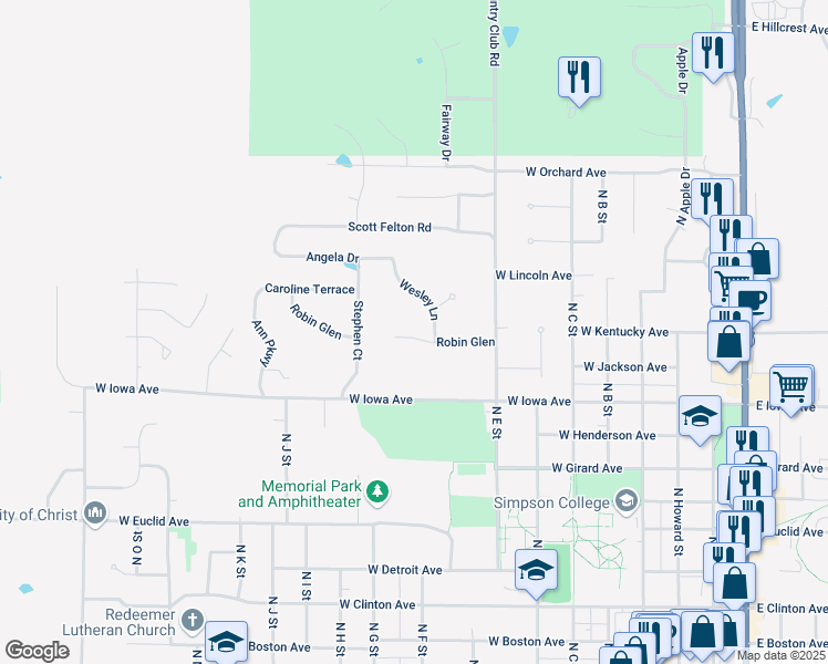 map of restaurants, bars, coffee shops, grocery stores, and more near 809 Robin Glen in Indianola