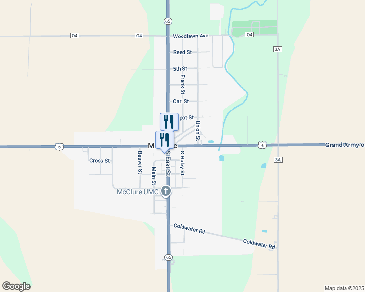 map of restaurants, bars, coffee shops, grocery stores, and more near 170 East North Street in McClure