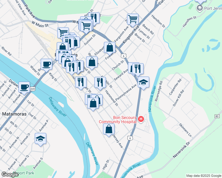 map of restaurants, bars, coffee shops, grocery stores, and more near 73 Franklin Street in Port Jervis
