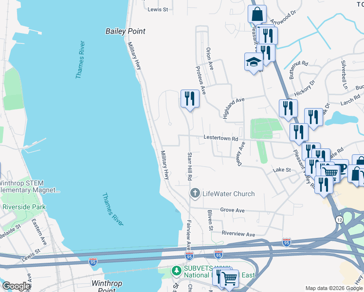map of restaurants, bars, coffee shops, grocery stores, and more near 150 Starr Hill Road in Groton