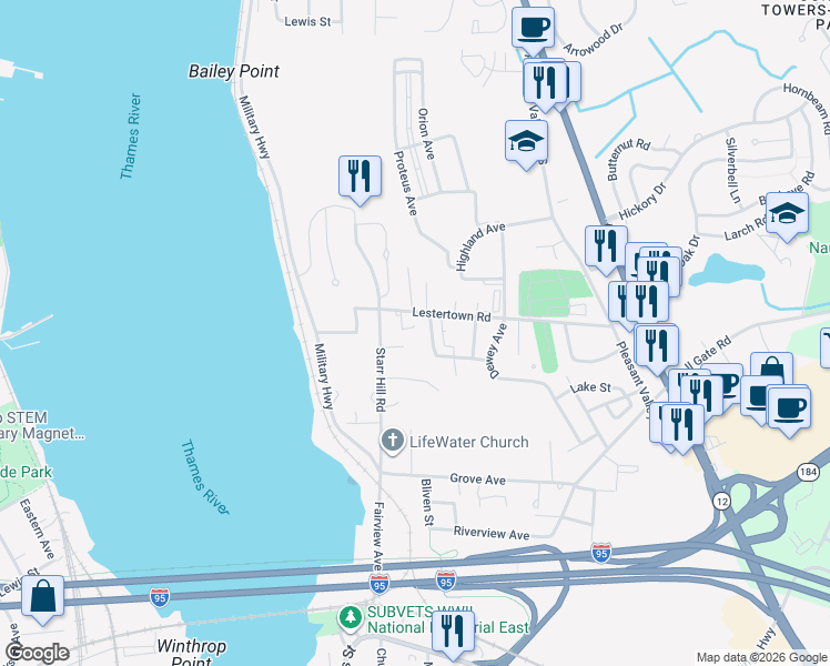 map of restaurants, bars, coffee shops, grocery stores, and more near 232 Lestertown Road in Groton