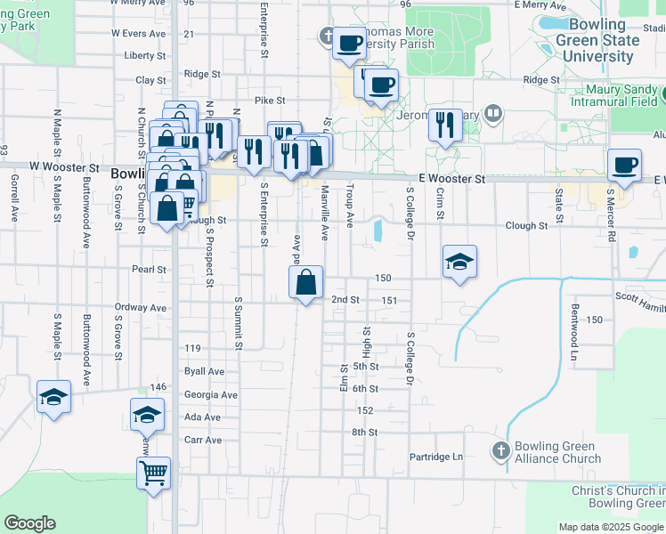 map of restaurants, bars, coffee shops, grocery stores, and more near 255 Manville Avenue in Bowling Green