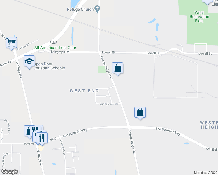 map of restaurants, bars, coffee shops, grocery stores, and more near 400 Springbrook Circle in Elyria