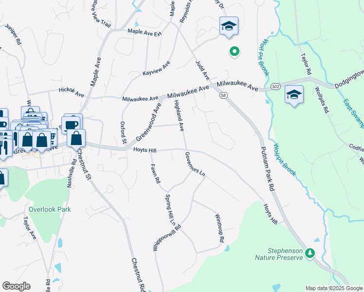 map of restaurants, bars, coffee shops, grocery stores, and more near 84 Hoyts Hill in Bethel