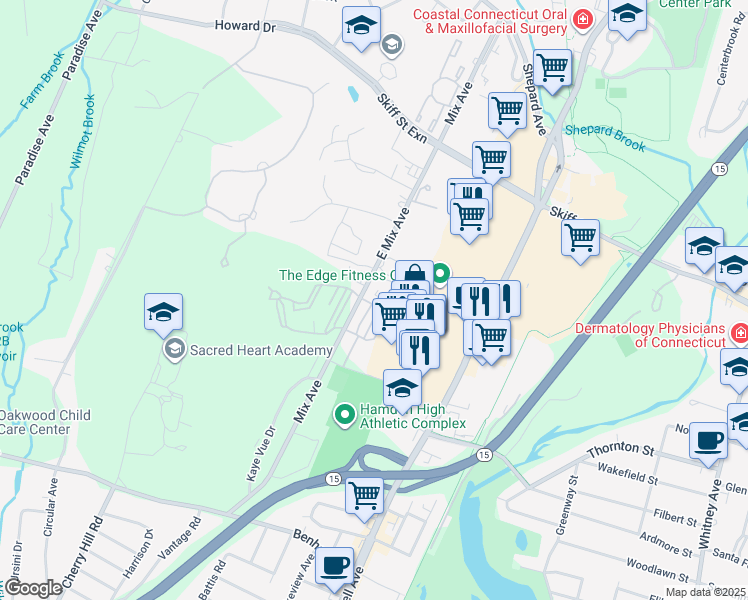 map of restaurants, bars, coffee shops, grocery stores, and more near 12 Kaye Plaza in Hamden