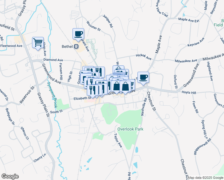 map of restaurants, bars, coffee shops, grocery stores, and more near 8 School Street in Bethel