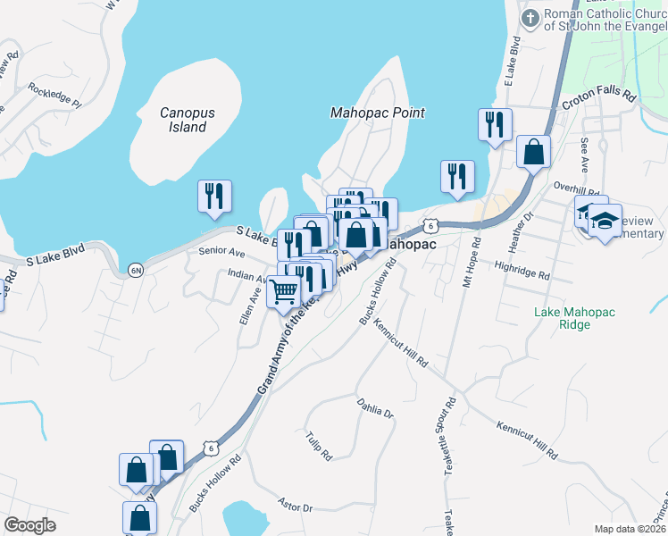 map of restaurants, bars, coffee shops, grocery stores, and more near 914 South Lake Boulevard in Mahopac