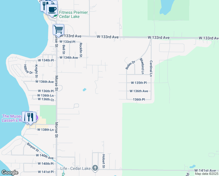 map of restaurants, bars, coffee shops, grocery stores, and more near 13407 Morse Street in Cedar Lake