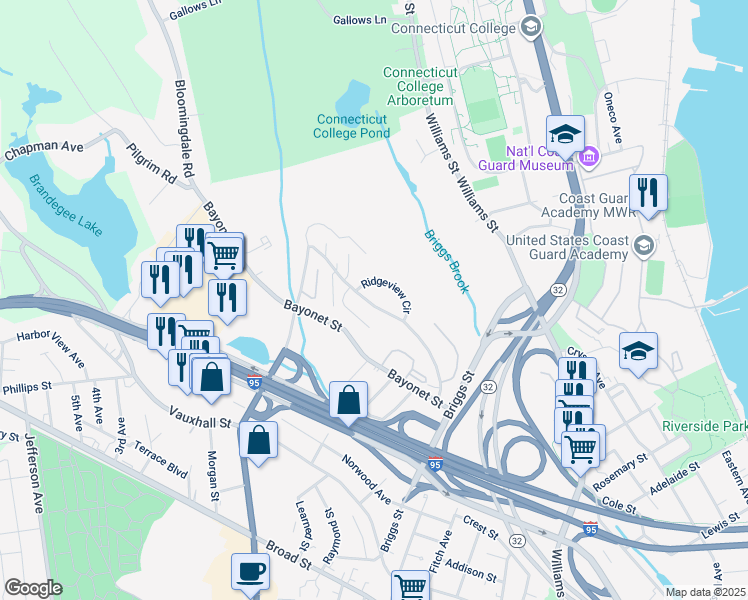 map of restaurants, bars, coffee shops, grocery stores, and more near 121 Hawthorne Drive North in New London