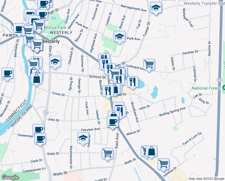 map of restaurants, bars, coffee shops, grocery stores, and more near 124 Granite Street in Westerly
