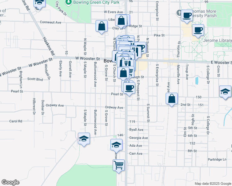 map of restaurants, bars, coffee shops, grocery stores, and more near 136 Pearl Street in Bowling Green