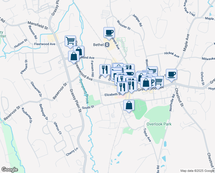map of restaurants, bars, coffee shops, grocery stores, and more near 222 Greenwood Avenue in Bethel