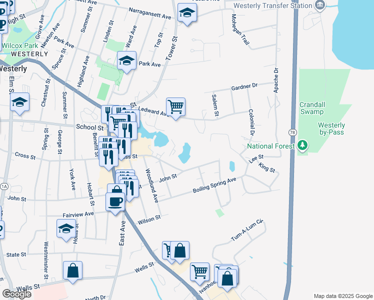 map of restaurants, bars, coffee shops, grocery stores, and more near 122 Cross Street in Westerly