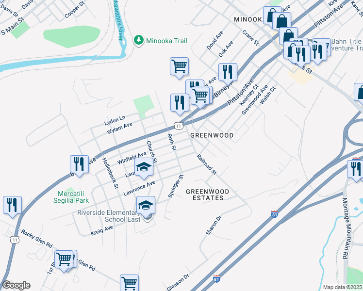 map of restaurants, bars, coffee shops, grocery stores, and more near 3519 Winfield Avenue in Moosic