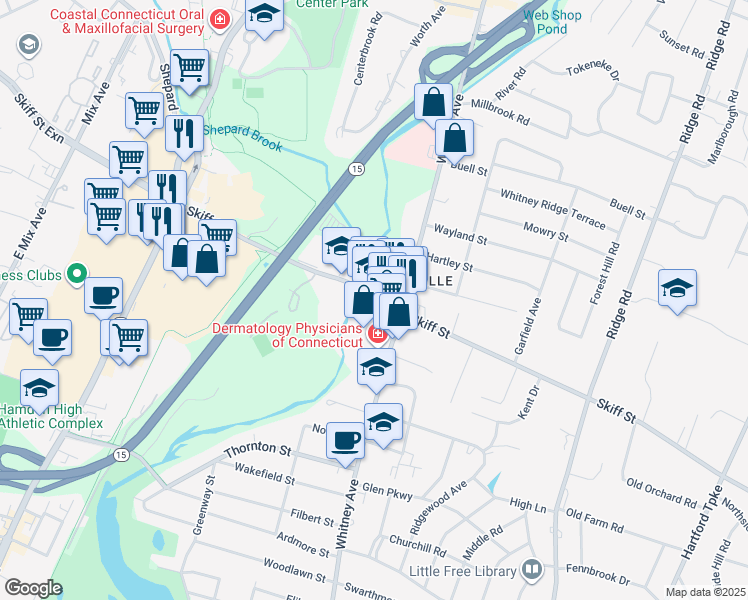map of restaurants, bars, coffee shops, grocery stores, and more near 223 Skiff Street in Hamden