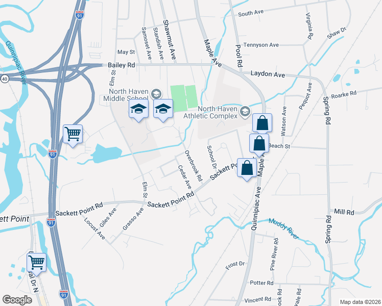 map of restaurants, bars, coffee shops, grocery stores, and more near 30 Overbrook Road in North Haven