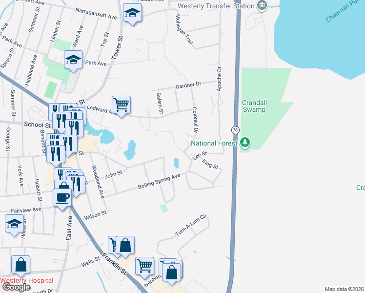 map of restaurants, bars, coffee shops, grocery stores, and more near 7 Gallup Street in Westerly