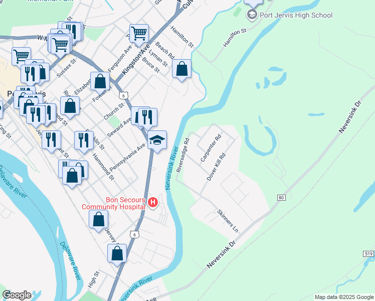 map of restaurants, bars, coffee shops, grocery stores, and more near 16 Mary Ann Avenue in Port Jervis