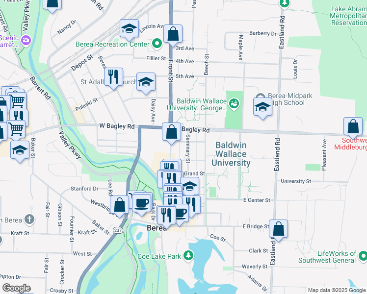 map of restaurants, bars, coffee shops, grocery stores, and more near 187 Seminary Street in Berea