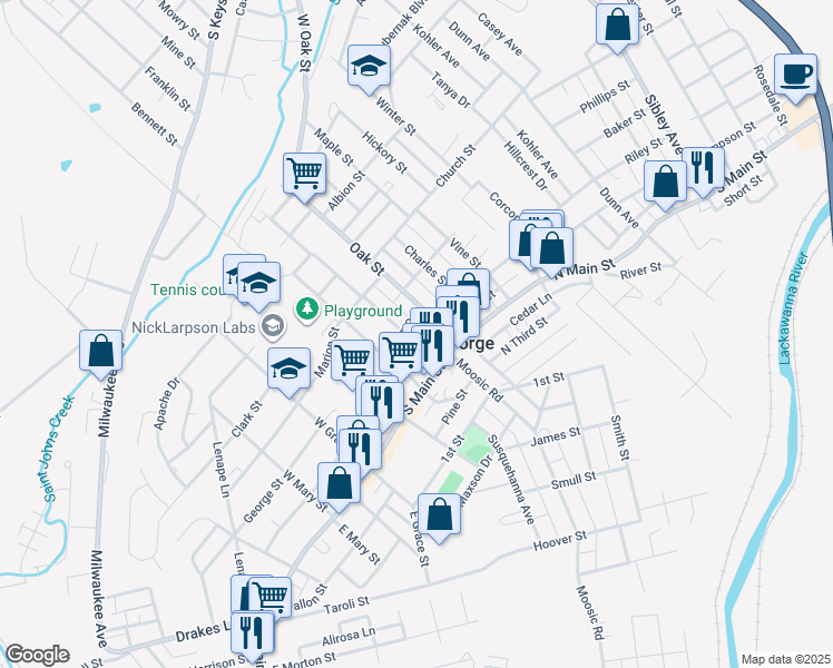 map of restaurants, bars, coffee shops, grocery stores, and more near 131 Sussex St in Old Forge