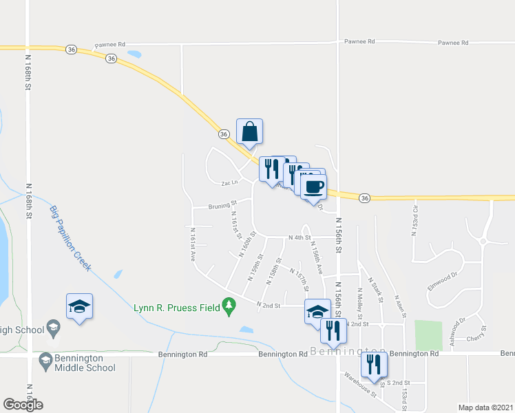 map of restaurants, bars, coffee shops, grocery stores, and more near 12313 North 160th Street in Bennington