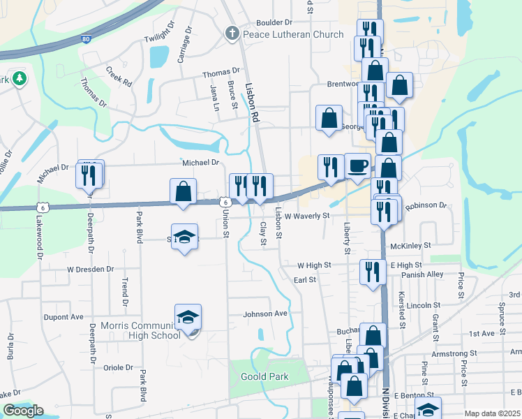 map of restaurants, bars, coffee shops, grocery stores, and more near 515 Bedford Road in Morris