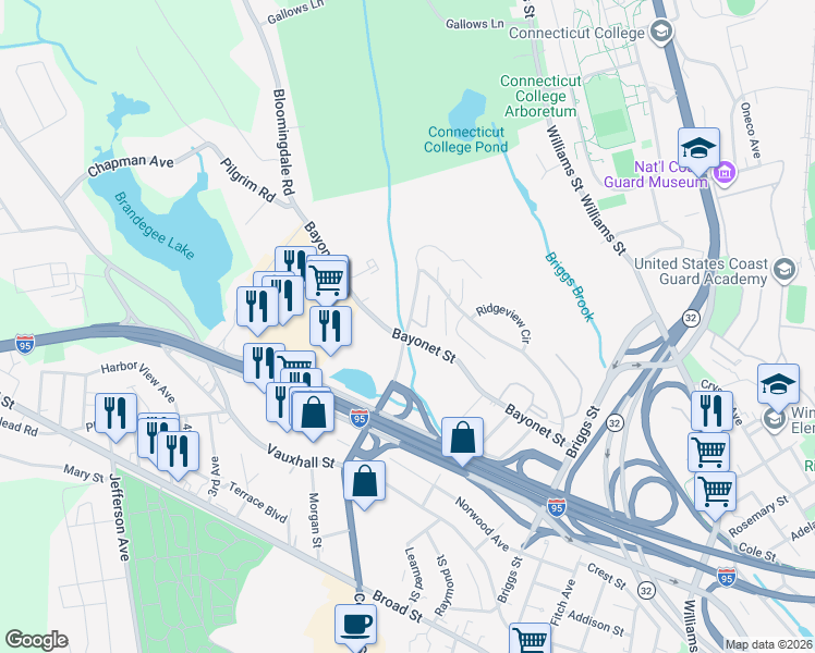 map of restaurants, bars, coffee shops, grocery stores, and more near 26 Hawthorne Drive North in New London