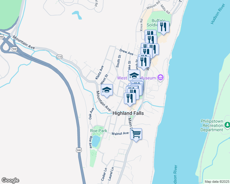 map of restaurants, bars, coffee shops, grocery stores, and more near 44 Schneider Avenue in Highland Falls