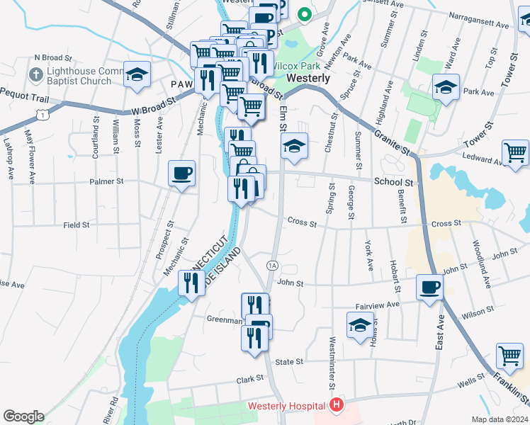 map of restaurants, bars, coffee shops, grocery stores, and more near 166 Main Street in Westerly