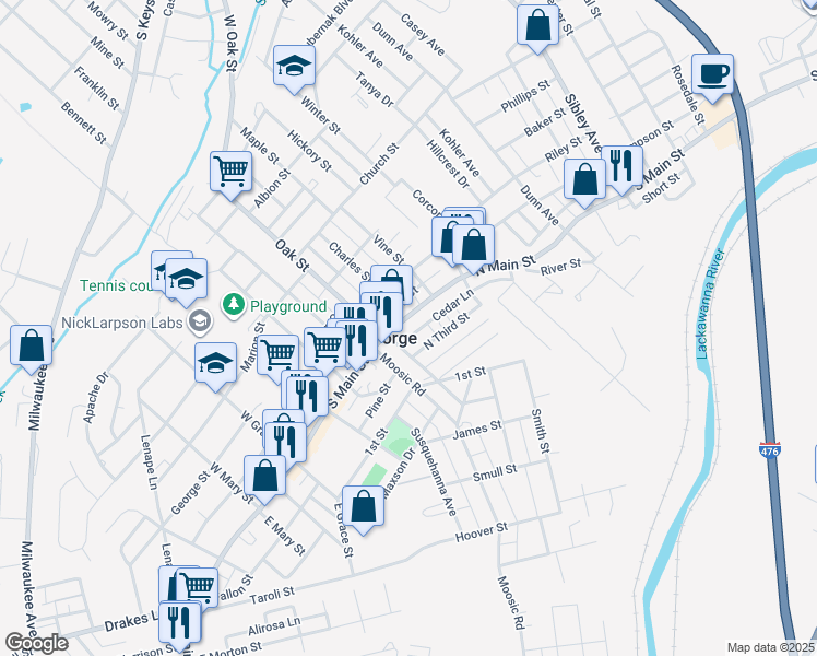 map of restaurants, bars, coffee shops, grocery stores, and more near 136 North Main Street in Old Forge