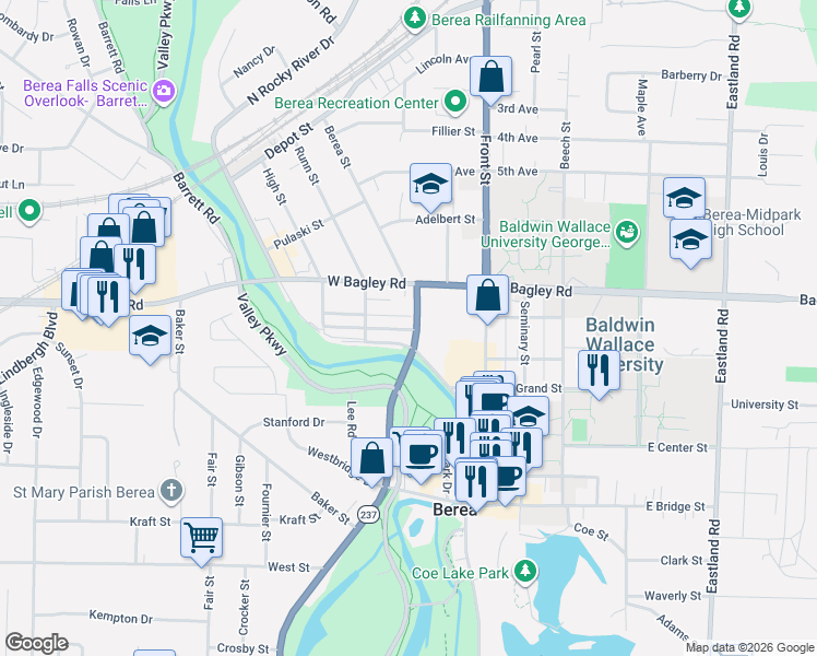 map of restaurants, bars, coffee shops, grocery stores, and more near 85 Murphy Street in Berea