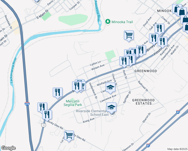 map of restaurants, bars, coffee shops, grocery stores, and more near 3808 Birney Avenue in Moosic