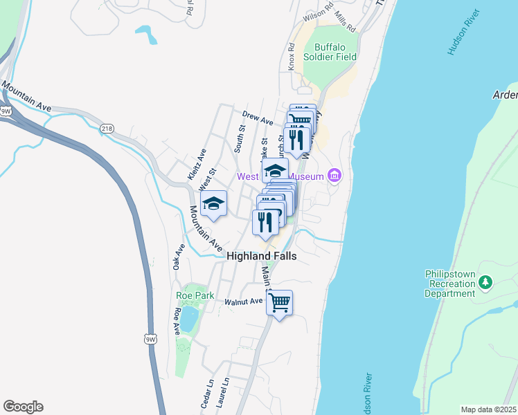 map of restaurants, bars, coffee shops, grocery stores, and more near 35 Tobins Lane in Highland Falls