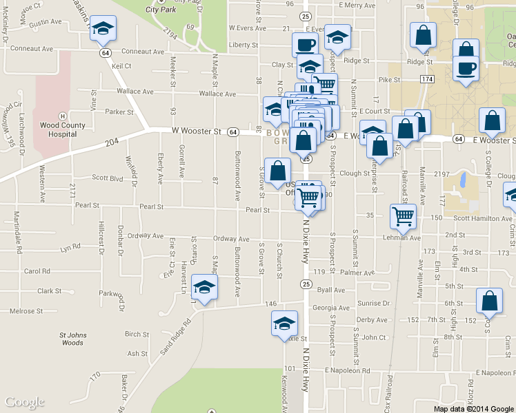 map of restaurants, bars, coffee shops, grocery stores, and more near 264 South Grove Street in Bowling Green