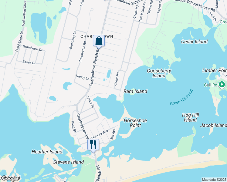 map of restaurants, bars, coffee shops, grocery stores, and more near 9 Yew Road in Charlestown