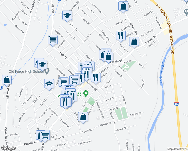 map of restaurants, bars, coffee shops, grocery stores, and more near 136 North Main Street in Old Forge