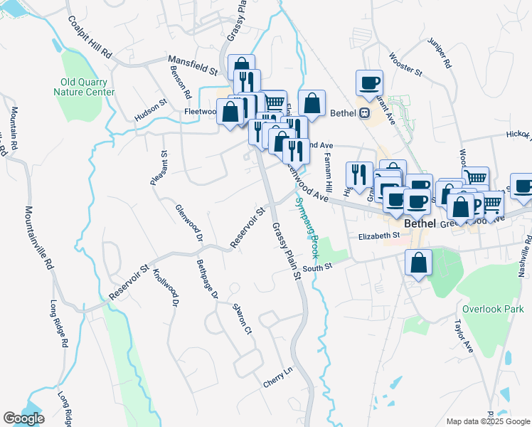 map of restaurants, bars, coffee shops, grocery stores, and more near 75 Grassy Plain Street in Bethel