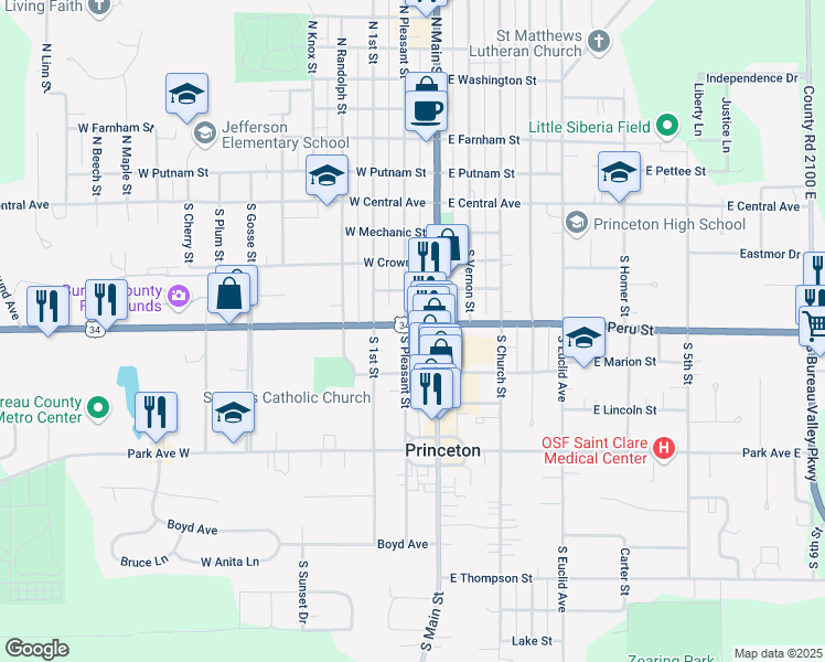 map of restaurants, bars, coffee shops, grocery stores, and more near 14 West Peru Street in Princeton