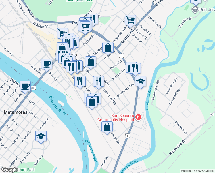 map of restaurants, bars, coffee shops, grocery stores, and more near 73 Franklin Street in Port Jervis