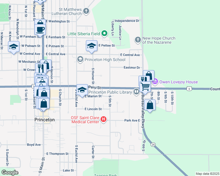 map of restaurants, bars, coffee shops, grocery stores, and more near East Peru Street in Princeton